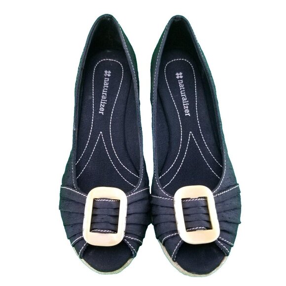 ✅Naturalizer BASHFUL Black Fabric Espadrille Peep Toe Wedge Shoes Women’s Sz 7M - Picture 2 of 16